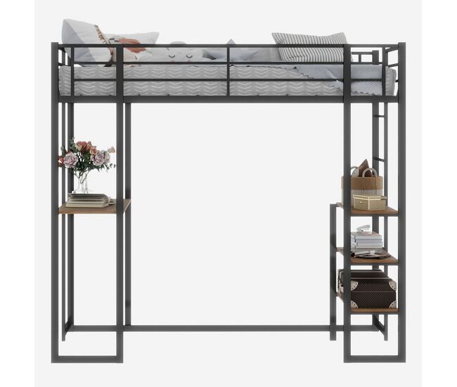 Cama infantil de hierro con escritorio en l y escalera reversible con barandilla - negro