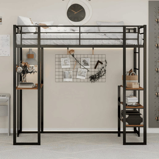 Cama infantil de ferro com secretária em L e escada reversível com corrimão - preto