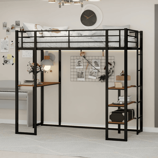 Cama infantil de ferro com secretária em L e escada reversível com corrimão - preto