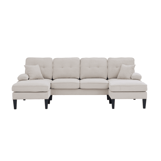 Sofá em U para 4 pessoas - Linho macio, chaise longues duplas, almofadas decorativas - Bege