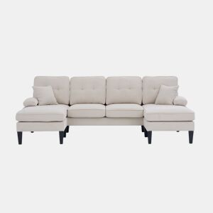 Sofá em U para 4 pessoas - Linho macio, chaise longues duplas, almofadas decorativas - Bege