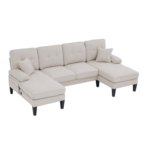 Sofá em U para 4 pessoas - Linho macio, chaise longues duplas, almofadas decorativas - Bege