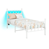 Cama 90x200 cm - Estrutura metálica vintage com LED, USB e arrumação - Branco
