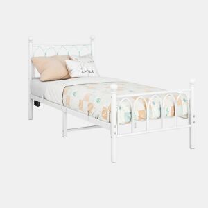 Cama 90x200 cm - Estrutura metálica vintage com LED, USB e arrumação - Branco