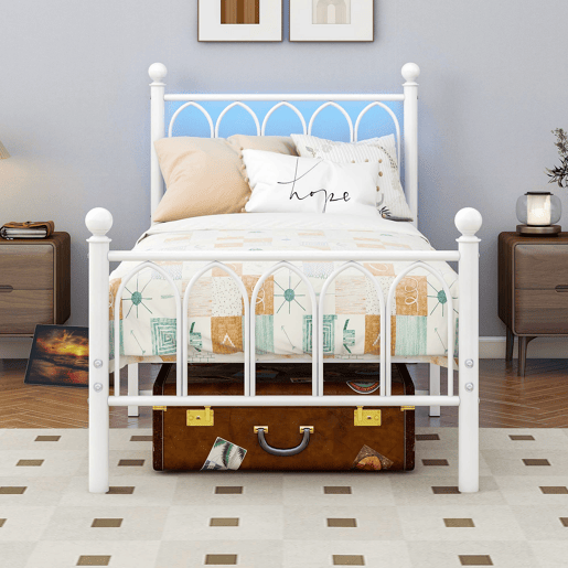 Cama 90x200 cm - Estrutura metálica vintage com LED, USB e arrumação - Branco