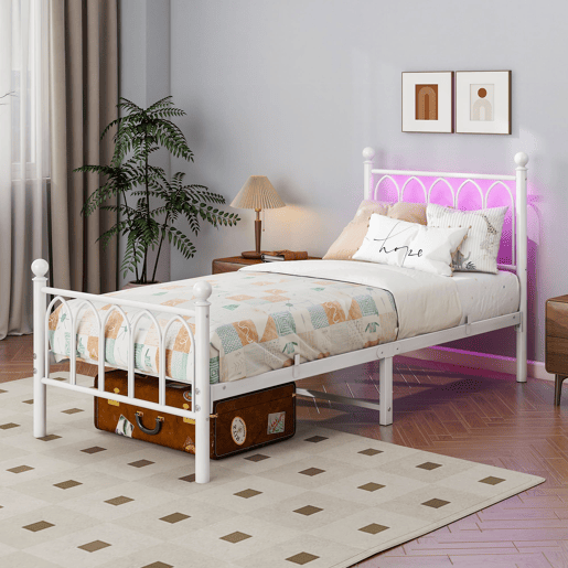 Cama 90x200 cm - Estrutura metálica vintage com LED, USB e arrumação - Branco