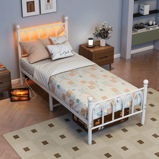 Cama 90x200 cm - Estrutura metálica vintage com LED, USB e arrumação - Branco