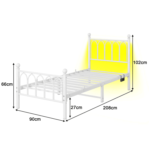 Cama 90x200 cm - Estrutura metálica vintage com LED, USB e arrumação - Branco
