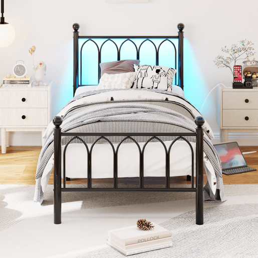 Cama metálica 90x200 - Cabeceira e pés vintage, LED, USB, arrumação debaixo da cama - Preto