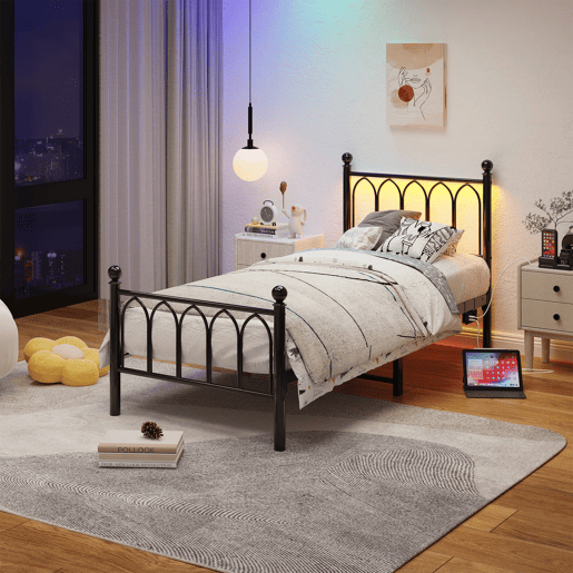 Cama metálica 90x200 - Cabeceira e pés vintage, LED, USB, arrumação debaixo da cama - Preto