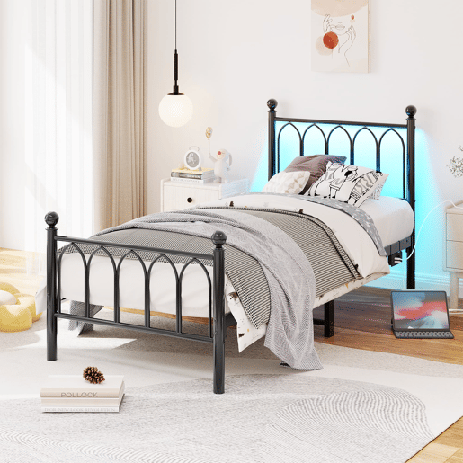 Cama metálica 90x200 - Cabeceira e pés vintage, LED, USB, arrumação debaixo da cama - Preto