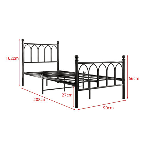 Cama metálica 90x200 - Cabeceira e pés vintage, LED, USB, arrumação debaixo da cama - Preto