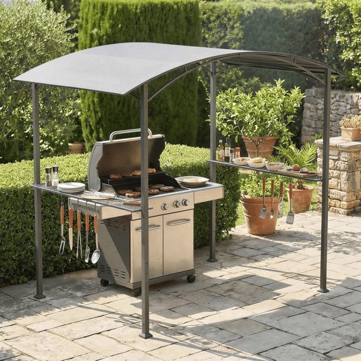 Outsunny Toldo para Jardim 2,4 x 1,5 m Estrutura de Aço com 2 Prateleiras Laterais Telhado Resistente às Intempéries Ganchos para Jardim Terraço Exterior Camping e BBQ Cinzento Escuro Outsunny Toldo para Jardim 2,4 x 1,5 m Estrutura de Aço com 2 Prateleiras Laterais Telhado Resistente às Intempéries Ganchos para Jardim Terraço Exterior Camping e BBQ Cinzento Escuro