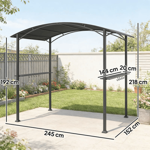 Outsunny Toldo para Jardim 2,4 x 1,5 m Estrutura de Aço com 2 Prateleiras Laterais Telhado Resistente às Intempéries Ganchos para Jardim Terraço Exterior Camping e BBQ Cinzento Escuro Outsunny Toldo para Jardim 2,4 x 1,5 m Estrutura de Aço com 2 Prateleiras Laterais Telhado Resistente às Intempéries Ganchos para Jardim Terraço Exterior Camping e BBQ Cinzento Escuro