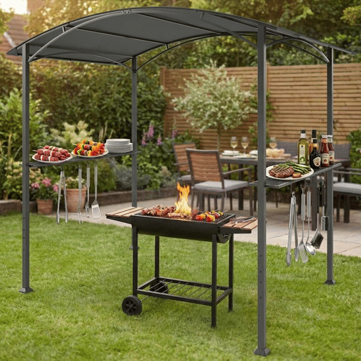 Outsunny Toldo para Jardim 2,4 x 1,5 m Estrutura de Aço com 2 Prateleiras Laterais Telhado Resistente às Intempéries Ganchos para Jardim Terraço Exterior Camping e BBQ Cinzento Escuro Outsunny Toldo para Jardim 2,4 x 1,5 m Estrutura de Aço com 2 Prateleiras Laterais Telhado Resistente às Intempéries Ganchos para Jardim Terraço Exterior Camping e BBQ Cinzento Escuro