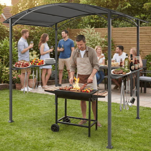 Outsunny Toldo para Jardim 2,4 x 1,5 m Estrutura de Aço com 2 Prateleiras Laterais Telhado Resistente às Intempéries Ganchos para Jardim Terraço Exterior Camping e BBQ Cinzento Escuro Outsunny Toldo para Jardim 2,4 x 1,5 m Estrutura de Aço com 2 Prateleiras Laterais Telhado Resistente às Intempéries Ganchos para Jardim Terraço Exterior Camping e BBQ Cinzento Escuro