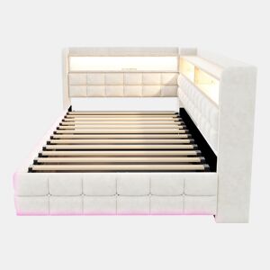 Sofá-cama multifuncional 90x200 - Armazenamento hidráulico, prateleira de madeira, LED, USB - Bege