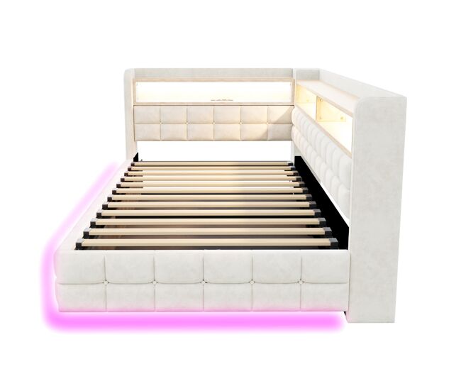 Sofá cama multifuncional 90x200 - almacenamiento hidráulico, estante madera, led, usb - beige