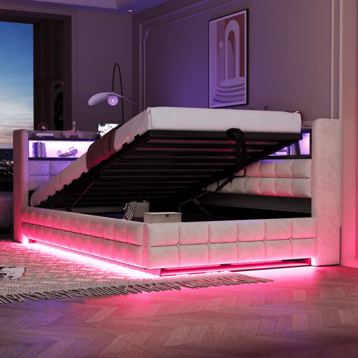 Sofá-cama multifuncional 90x200 - Armazenamento hidráulico, prateleira de madeira, LED, USB - Bege Sofá-cama multifuncional 90x200 - Armazenamento hidráulico, prateleira de madeira, LED, USB - Bege