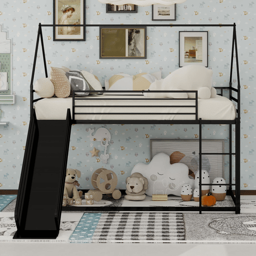 Cama alta dupla para crianças - com escorregador e formato de casa, sem colchão - Preto