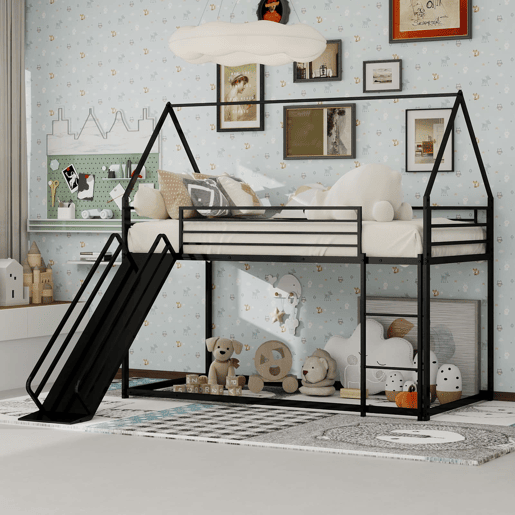 Cama alta dupla para crianças - com escorregador e formato de casa, sem colchão - Preto