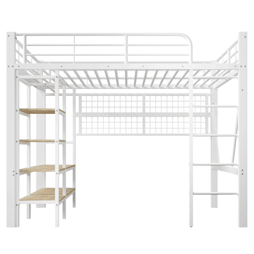 Cama alta 140x200 cm - Estrutura metálica, prateleira, barra para pendurar, espaço livre, faixa LED - Branco