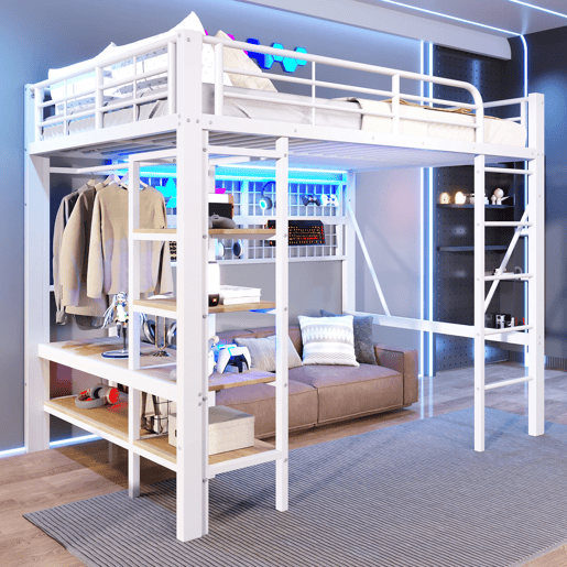 Cama alta 140x200 cm - Estrutura metálica, prateleira, barra para pendurar, espaço livre, faixa LED - Branco
