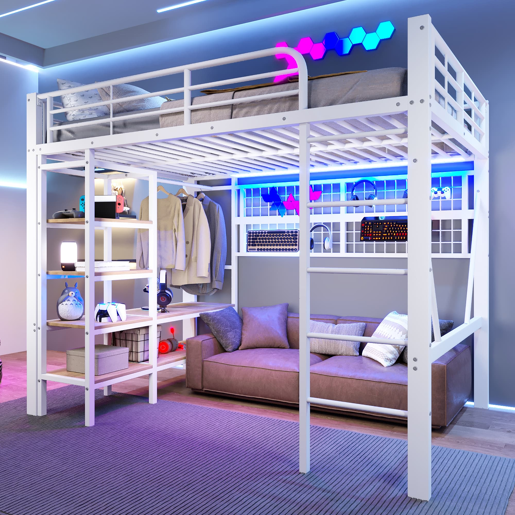 Cama alta 140x200 cm - Estrutura metálica, prateleira, barra para pendurar, espaço livre, faixa LED - Branco