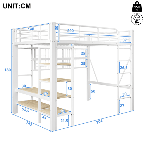Cama alta 140x200 cm - Estrutura metálica, prateleira, barra para pendurar, espaço livre, faixa LED - Branco