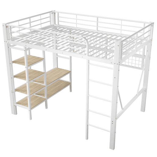 Cama alta 140x200 cm - Estrutura metálica, prateleira, barra para pendurar, espaço livre, faixa LED - Branco