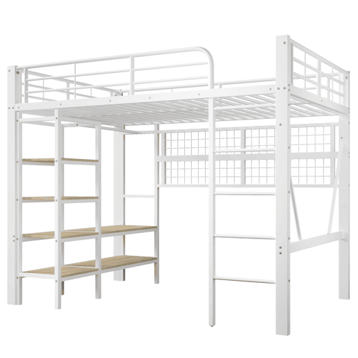 Cama alta 140x200 cm - Estrutura metálica, prateleira, barra para pendurar, espaço livre, faixa LED - Branco
