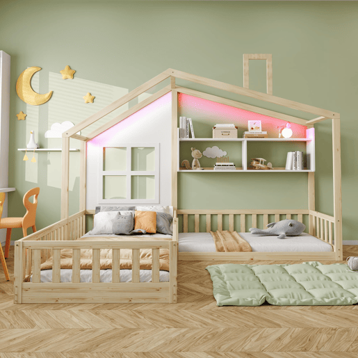 Cama infantil 90x200 cm - Com janela, prateleiras, LED, gaveta e grade - Madeira naturalBranco