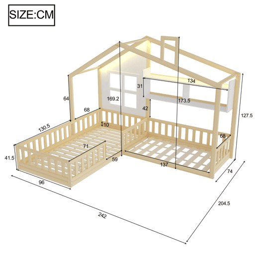 Cama infantil 90x200 cm - Com janela, prateleiras, LED, gaveta e grade - Madeira naturalBranco