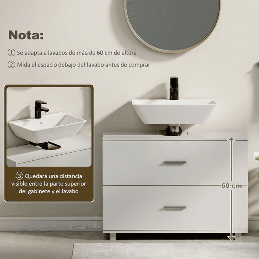 HOMCOM Móvel para Lavatório Pousar de Casa de Banho com 2 Gavetas Móvel para Lavatório com Gaveta Superior Dividida para Lavatório sem Pedestal 80x30x60 cm Branco