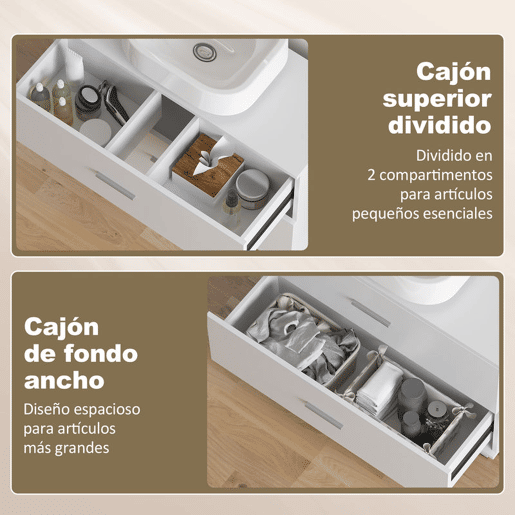 HOMCOM Móvel para Lavatório Pousar de Casa de Banho com 2 Gavetas Móvel para Lavatório com Gaveta Superior Dividida para Lavatório sem Pedestal 80x30x60 cm Branco