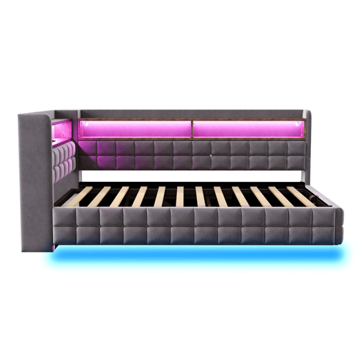 Sofá-cama multifuncional 90x200 - Armazenamento hidráulico, LED, USBTipo-C, prateleira de madeira - Cinza escuro Sofá-cama multifuncional 90x200 - Armazenamento hidráulico, LED, USBTipo-C, prateleira de madeira - Cinza escuro