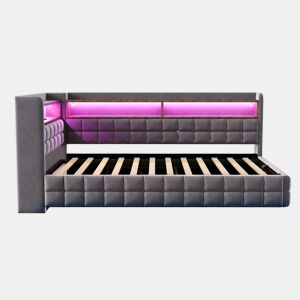 Sofá-cama multifuncional 90x200 - Armazenamento hidráulico, LED, USBTipo-C, prateleira de madeira - Cinza escuro