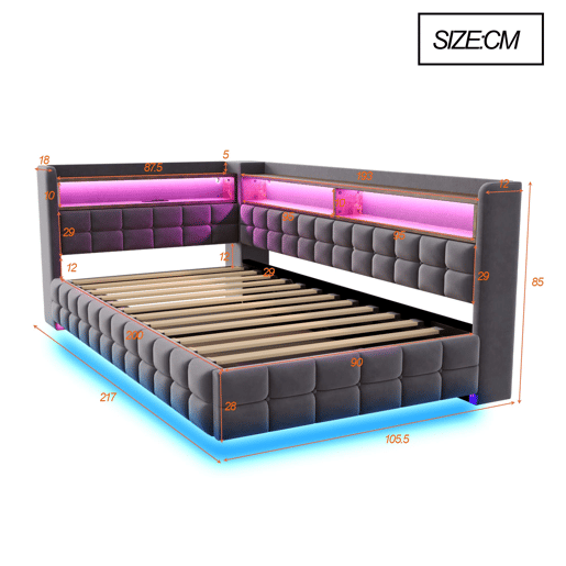 Sofá-cama multifuncional 90x200 - Armazenamento hidráulico, LED, USBTipo-C, prateleira de madeira - Cinza escuro Sofá-cama multifuncional 90x200 - Armazenamento hidráulico, LED, USBTipo-C, prateleira de madeira - Cinza escuro