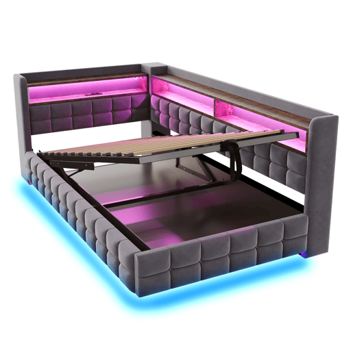 Sofá-cama multifuncional 90x200 - Armazenamento hidráulico, LED, USBTipo-C, prateleira de madeira - Cinza escuro Sofá-cama multifuncional 90x200 - Armazenamento hidráulico, LED, USBTipo-C, prateleira de madeira - Cinza escuro