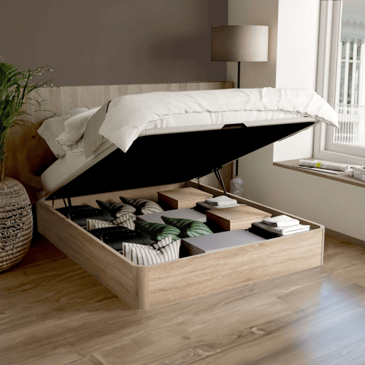 Sofá-cama 150x190 cm, carvalho Cambriano acetinado, base estofada em melamina, 2 dobradiças hidráulicas, tecido 3D, reforços internos em aço de 28 cm.