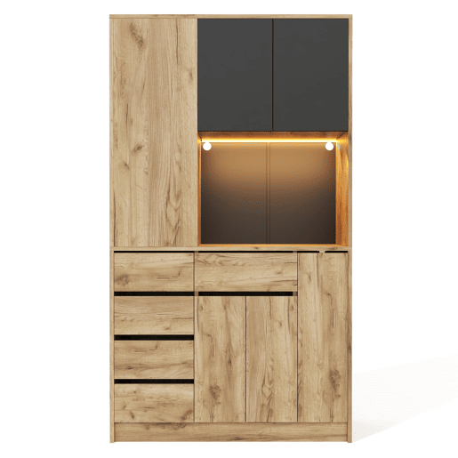 Aparador de cozinha 185x105x40 cm - Prateleiras ajustáveis, LED com comando, tomada, removível - Preto+Natural Aparador de cozinha 185x105x40 cm - Prateleiras ajustáveis, LED com comando, tomada, removível - Preto+Natural