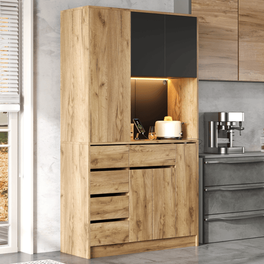 Aparador de cozinha 185x105x40 cm - Prateleiras ajustáveis, LED com comando, tomada, removível - Preto+Natural Aparador de cozinha 185x105x40 cm - Prateleiras ajustáveis, LED com comando, tomada, removível - Preto+Natural