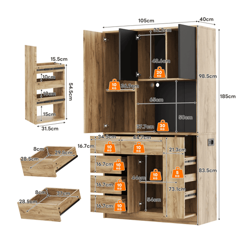Aparador de cozinha 185x105x40 cm - Prateleiras ajustáveis, LED com comando, tomada, removível - Preto+Natural Aparador de cozinha 185x105x40 cm - Prateleiras ajustáveis, LED com comando, tomada, removível - Preto+Natural