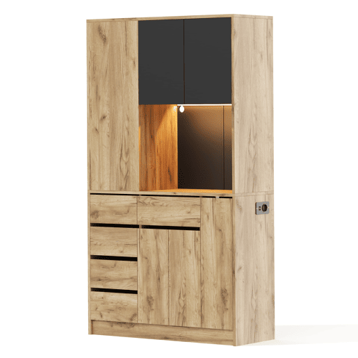 Aparador de cozinha 185x105x40 cm - Prateleiras ajustáveis, LED com comando, tomada, removível - Preto+Natural Aparador de cozinha 185x105x40 cm - Prateleiras ajustáveis, LED com comando, tomada, removível - Preto+Natural