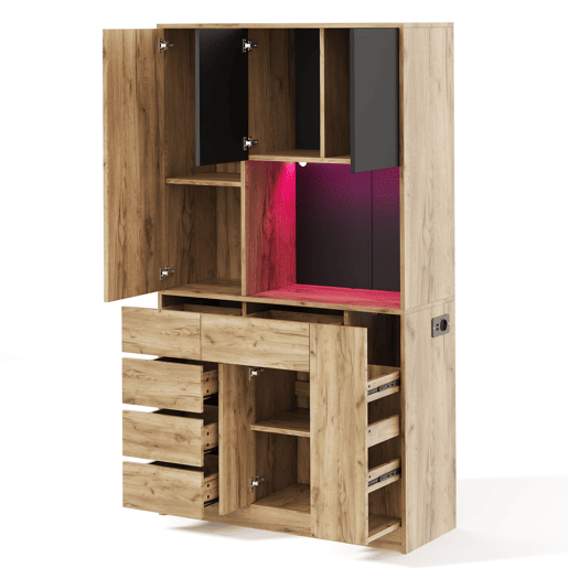 Aparador de cozinha 185x105x40 cm - Prateleiras ajustáveis, LED com comando, tomada, removível - Preto+Natural Aparador de cozinha 185x105x40 cm - Prateleiras ajustáveis, LED com comando, tomada, removível - Preto+Natural