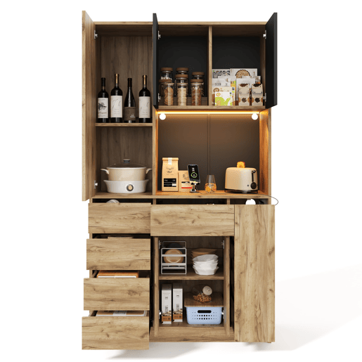 Aparador de cozinha 185x105x40 cm - Prateleiras ajustáveis, LED com comando, tomada, removível - Preto+Natural Aparador de cozinha 185x105x40 cm - Prateleiras ajustáveis, LED com comando, tomada, removível - Preto+Natural