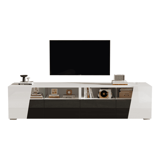 Móvel de TV 180x38,5x45 cm - LED, 2 gavetas e 2 portas, para TV de 80 - BrancoPreto