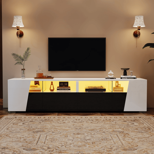 Móvel de TV 180x38,5x45 cm - LED, 2 gavetas e 2 portas, para TV de 80 - BrancoPreto