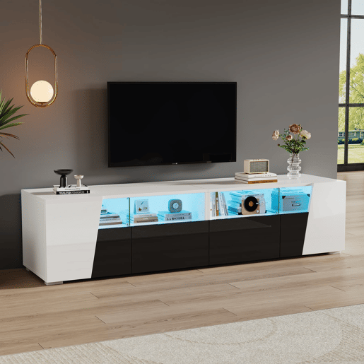 Móvel de TV 180x38,5x45 cm - LED, 2 gavetas e 2 portas, para TV de 80 - BrancoPreto