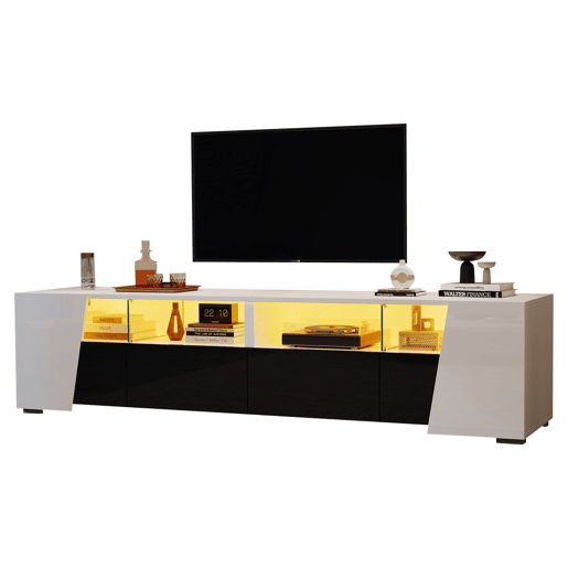 Móvel de TV 180x38,5x45 cm - LED, 2 gavetas e 2 portas, para TV de 80 - BrancoPreto